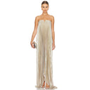 Front view of the gold shimmer maxi dress by L’idee. Strapless dress with a V cutout at the bust, fitted at the bust and draped over the body. The fabric has a folded texture.